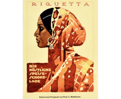 Original vintage advertising poster for Riquetta - Die kostliche Speiseschokolade / The delicious chocolate food - featuring 