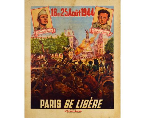 Original vintage World War Two poster commemorating the Liberation of Paris military battle that took place from 18 to 24 Aug