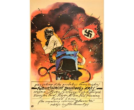 Original vintage Polish film poster for the first Indiana Jones adventure movie directed by Steven Spielberg - Raiders of the