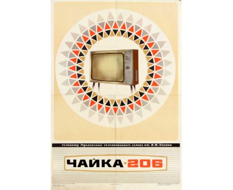 Original vintage Soviet advertising poster for a Chaika 206 television featuring a great mid-century retro design showing the