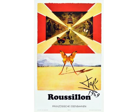 Original vintage travel poster advertising Roussillon featuring butterflies and figures in a red frame with yellow lines of l