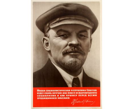 Original vintage Soviet propaganda poster featuring a photographic portrait of the Russian communist revolutionary leader Vla