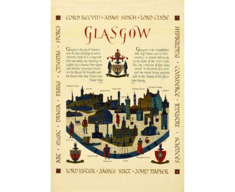 Original vintage travel poster for Glasgow featuring text in calligraphic style lettering with an illustration of the histori