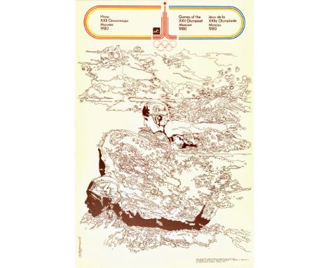 Original vintage sport poster for the 1980 Olympic Games held in Moscow Russia featuring a dynamic design of three butterfly 