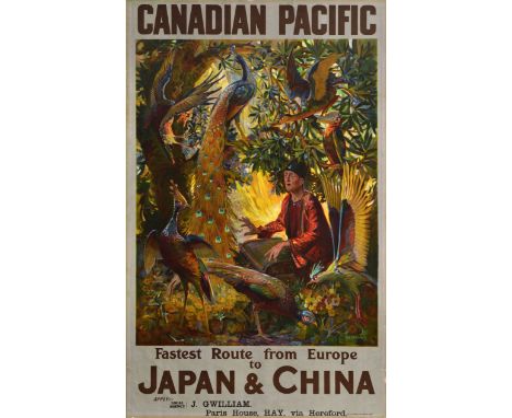 Original vintage travel poster for Canadian Pacific Fastest Route from Europe to Japan &amp; China featuring a colourful illu