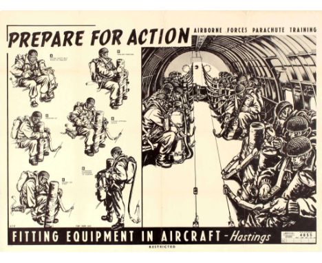Original vintage military poster - Prepare for action Airborne forces parachute training Fitting equipment in aircraft Hastin
