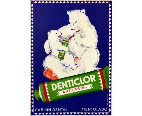 Original vintage advertising poster for Denticlor Anticaries Carmin Dental Mentolado menthol toothpaste featuring a great des