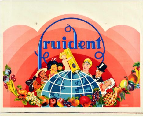 Original vintage dental health advertising poster for Fruident toothpaste with natural fruit sugars featuring a colourful and