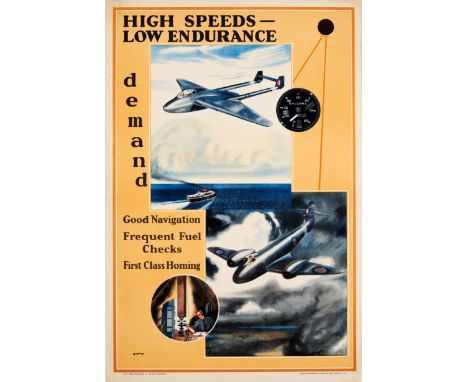 Original vintage World War Two air force propaganda poster - High speeds Low endurance Demand good navigation Frequent fuel c