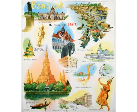 Original vintage travel brochure poster for Bangkok fly there by Qantas featuring colourful scenic illustrations of notable a