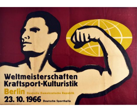 Original vintage sport poster for the World Championships in weight lifting and bodybuilding held on 22 October 1966 at the D