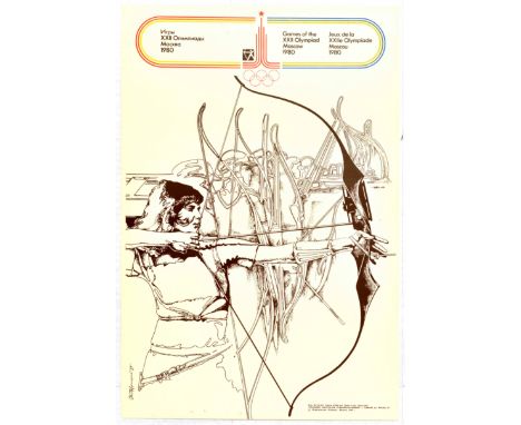 Original vintage sport poster for the 1980 Olympic Games held in Moscow Russia featuring a dynamic design showing a row of ar