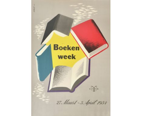 Original vintage advertising poster for the Boeken Week / Book Week 27 March to 3 April 1954 featuring a colourful mid-centur