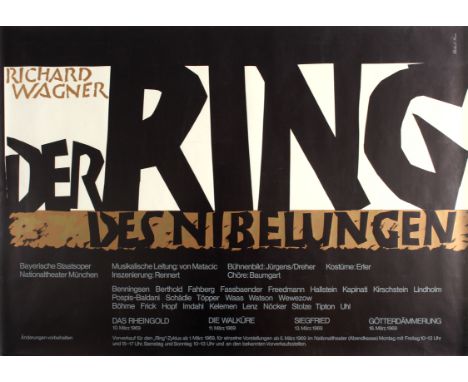 Original vintage advertising poster for a performance of Richard Wagner's famous opera The Ring of Nibelung by the Bavarian S