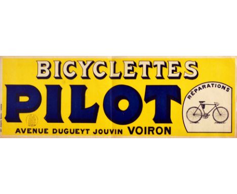 Original vintage advertising poster for a bicycle repair shop Pilot Reparations on Dugueyt Jouvin Avenue Voiron France featur