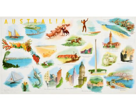 Original vintage travel poster for Australia featuring colourful scenic illustrations of notable Australian locations and act