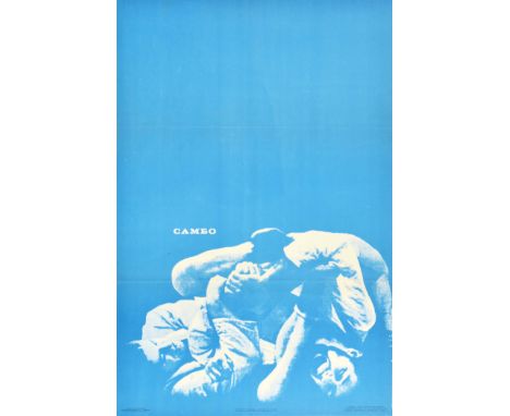 Original vintage Soviet sport poster for Sambo wrestling  featuring a light blue and white wrestling illustration of two spor