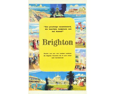 Original vintage travel advertising poster for the historic English south coast town of Brighton in Sussex featuring a colour