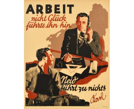 Original vintage German motivational workplace poster issued by the Parker-Holladay company in Berlin featuring an illustrati