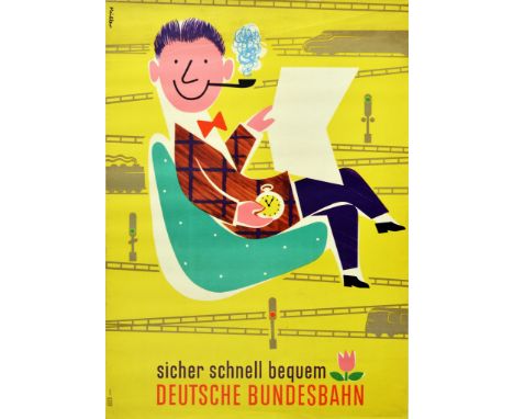 Original vintage travel poster issued by the DB Deutsche Bundesbahn railway featuring a colourful and fun illustration of a s