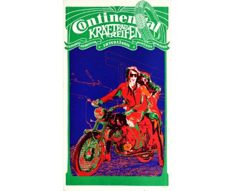 Original vintage advertising poster for Continental Kraftrad Reifen motorcycle tyres featuring a great psychedelic illustrati