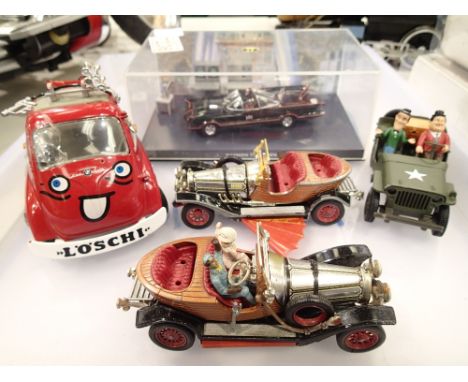 Two Chitty Chitty Bang Bang cars, a novelty German bubble car, fire engine, cased Batman TV series car and a Laurel and Hardy