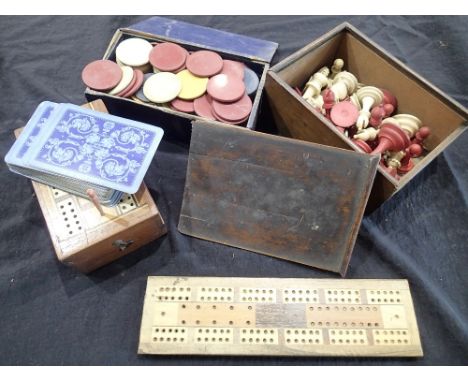 Two cribbage boards, set of vintage counters and a vintage chess pieces set in box  CONDITION REPORT: 32 Chess pieces. King h