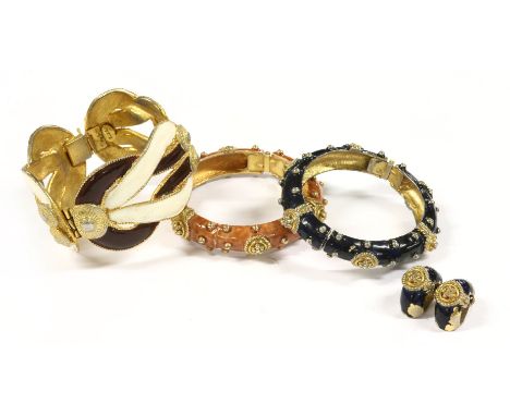 A gold-plated 'Knot of Heracles' bracelet,by Kenneth J Lane, enamelled in brown and cream,a gold-plated enamel hinged bangle 