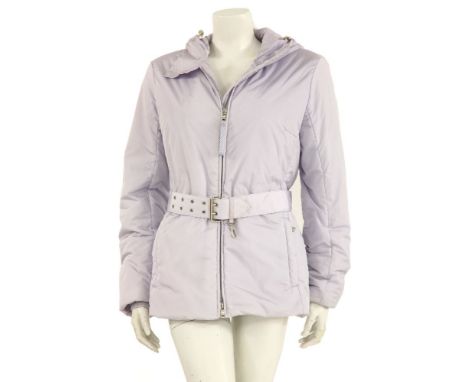 A Prada light grey zip front jacket,with hood, separate belt with buckle and two front pockets,size 42