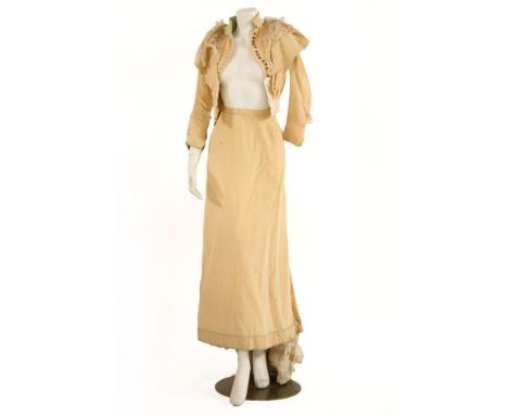 A late Victorian peach grosgrain bodice,a beaded button-up front with original buttons, lace to lapel and sleeves, the collar
