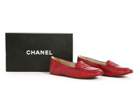 A pair of vintage Chanel red loafers, with double 'C' logo to toe, in box,size 37 (2)