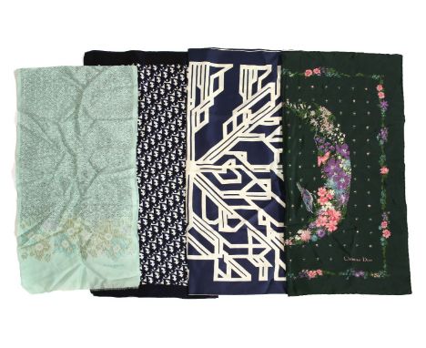 A collection of vintage scarves, comprising:a Lanvin navy and white abstract design silk scarf,a Christian Dior navy printed 