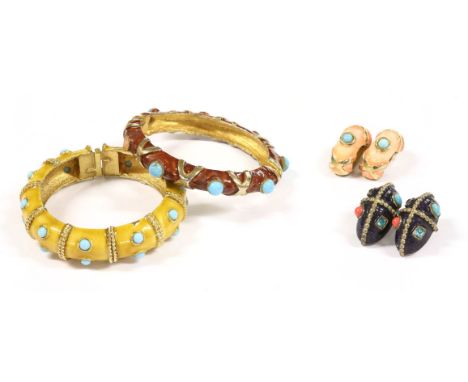Two gold-plated and enamel hinged bangles,by Kenneth J Lane, mustard and brown with rub set sky blue cabochons,together with 