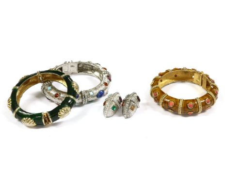 An hinged bangle and earring suite,by Kenneth J Lane, rub set with assorted coloured paste gemstones and cabochons, with rais