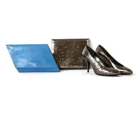 A vintage Charles Jourdan teal diagonal handbag, anda vintage Charles Jourdan Limited Edition bronze and silver diamanté clut