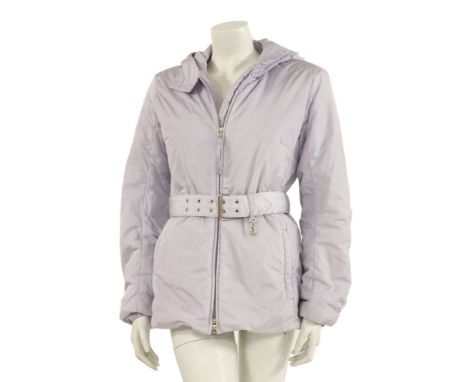 A Prada light grey zip front jacket,with hood, separate belt with buckle and two front pockets,size 40