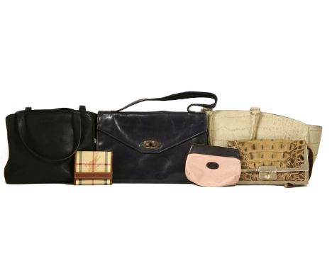 Three assorted wallets, to include Burberry, Mulberry and Escada,two Furla handbags, and a vintage blue leather clutch, with 