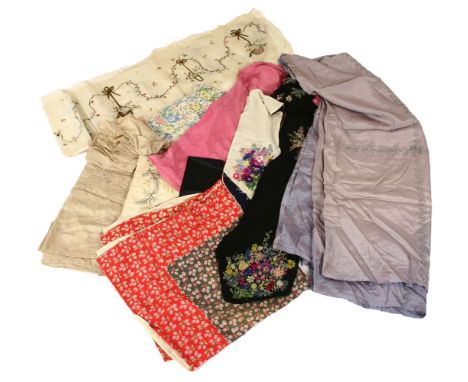 A collection of vintage fabrics and textiles,to include an hand-embellished segment of silk decorated with baskets of flowers
