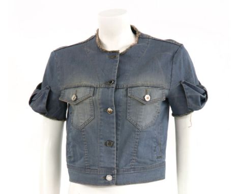 A Mulberry denim 'Betty Bow' jacket,a frayed neckline and button-up front, with silver-tone button and bow detail to the shor