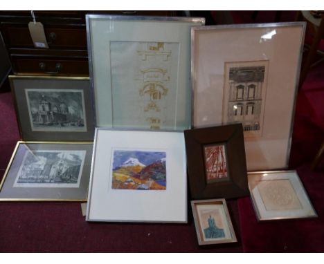 A collection of prints and pictures, to include architectural studies, two Italian engravings, landscape studies and others, 