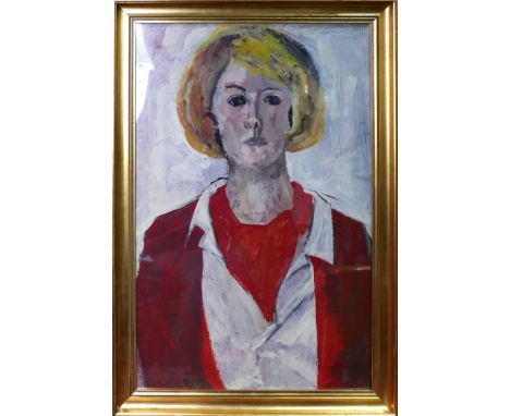 Mid to late 20th century school, portrait of a lady in a red jacket and cravat, oil on board, framed and glazed, 59 x 39cm 