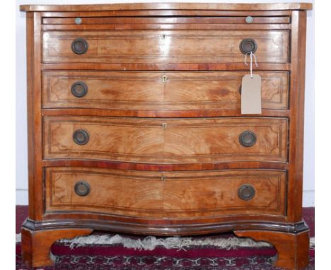 A 19th century inlaid satinwood serpentine front four drawer chest, with walnut cross banding, raised on bracket feet, H.80 W