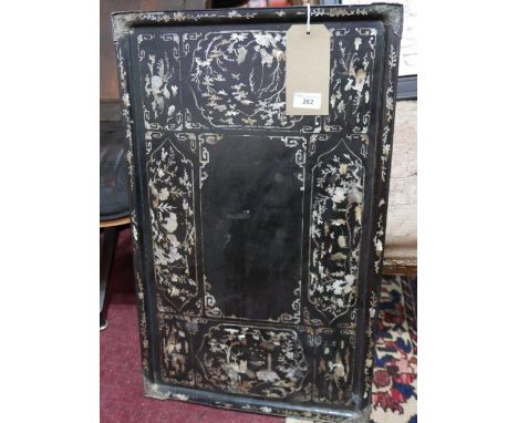 A Chinese black lacquered mother of pearl inlaid tray decorated with vignettes of figures and animals in a woodland scene L.6