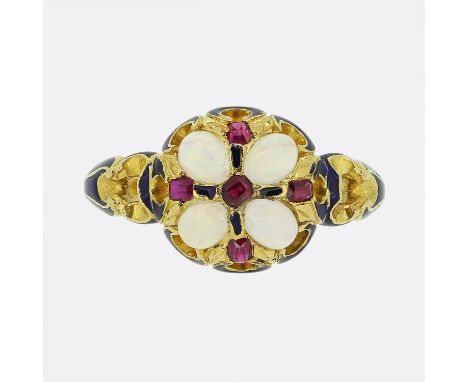 Victorian Opal Ruby and Enamel Ring.        Weight:Â&nbsp;4.7 grams Size:Â&nbsp;L (52) Band Width:Â&nbsp;4mm - 1mm Face Dimen