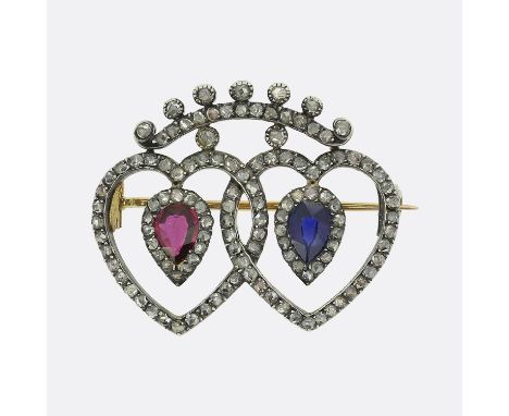 Georgian Ruby Sapphire and Diamond Love Heart Brooch.                  Total Weight:Â&nbsp;8.9 grams Dimensions:Â&nbsp;31mm x