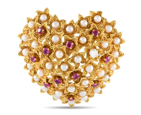 18K Yellow Gold 0.15ct Diamond, Pearl, and Ruby Brooch.                       Gender:Ladies Signatures:Tiffany &amp; Co. Jewe