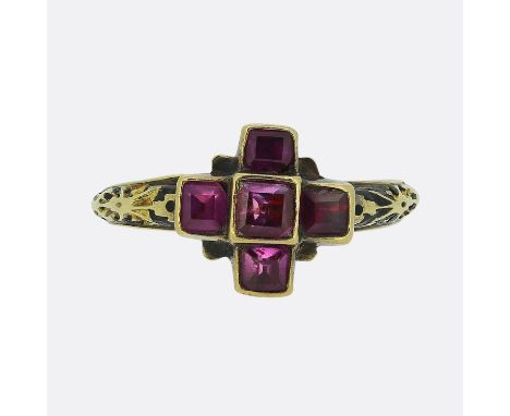 Renaissance Ruby and Enamel Ring.        Weight:Â&nbsp;3.2 grams Ring Size:Â&nbsp;K (50) Band Width:Â&nbsp;2mm - 1mm Face Dim