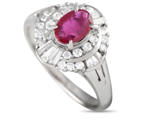 Platinum 0.52ct Diamond and Ruby Stepped Halo Ring.      Gender:Ladies  Weight:5.3 grams Ring Top Height:8 Metal:Platinum Sto