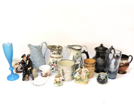 A small quantity of Victorian and later pottery, jugs, tankards, etc. together with a Royal Doulton figure, 'shore leave' HN2