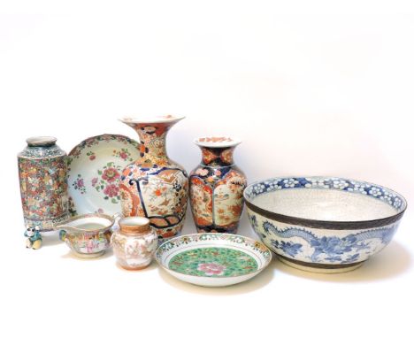 A 19th century famille rose, dish with lobed rim, together with famille vert jug, a large crackle glaze punch bowl, two Imari